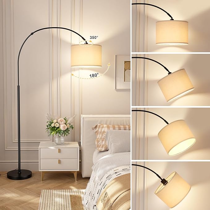 Ambimall Dimmable Arc Floor Lamp with Remote, Color Temperatures and Brightness Adjustable, Arched Floor Lamp with Rotating Head, Over Couch Arched Reading Light for Living Room (Deep Beige and Black)