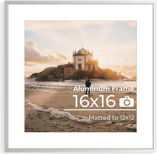 Aluminum 16x16 Picture Frame Silver, Metal Photo Frames with Mat for 12x12 Photo or Without Mat for 16x16 Photo, Metal Poster Frame Sawtooth Hanger for Easy Wall Display, set of 1
