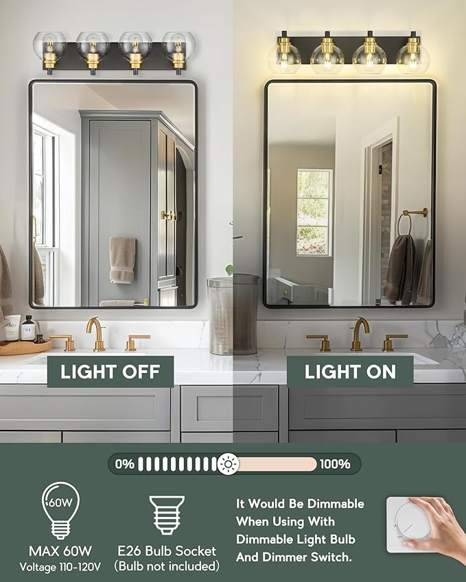 Bathroom Light Fixtures, 4-Light Black and Gold Bathroom Vanity Light, 26 Inch Modern Wall Sconces with Globe Clear Glass Shade, Vanity Lighting Fixtures Over Mirror, VL195-KG-4