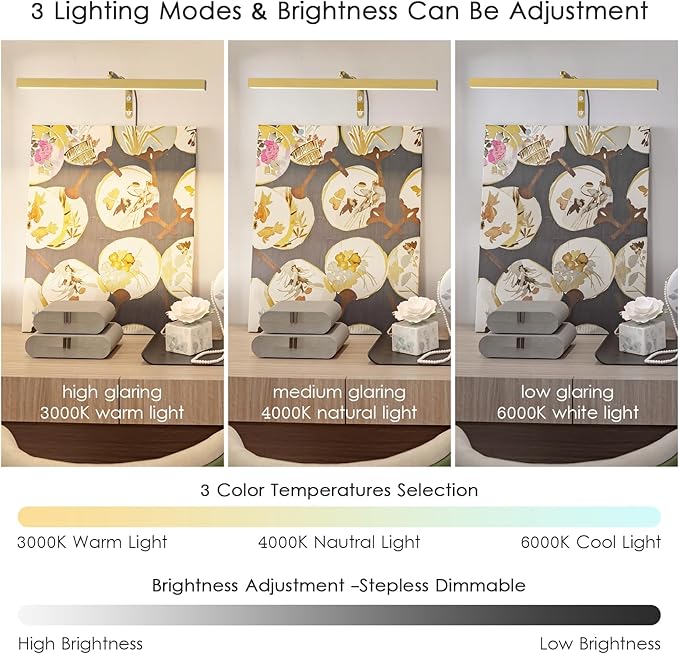 Glod LED Picture Lights for Paintings Plug in,15.75 Inch Adjustable Art Light for Display Art Work, 3 Color Lighting, Plug in Picture Light with Remote for Frame Dartboard, Gold