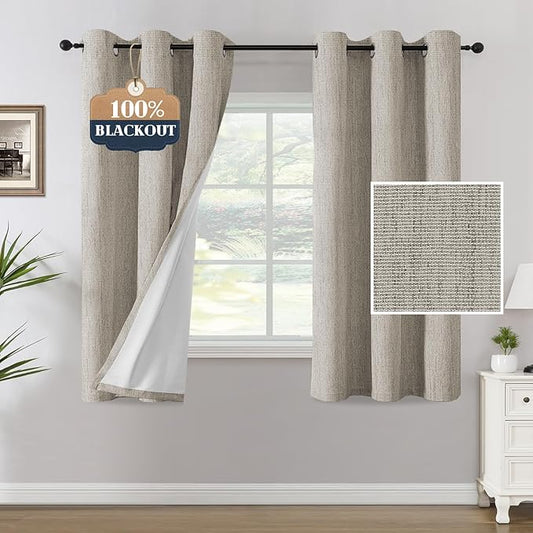 H.VERSAILTEX Chenille Linen Blackout Curtains for Bedroom Thermal Insulated Textured Linen Look Curtains with White Flocking Coating Back, 42" W x 63" L, Heathered Stone(Not Solid)