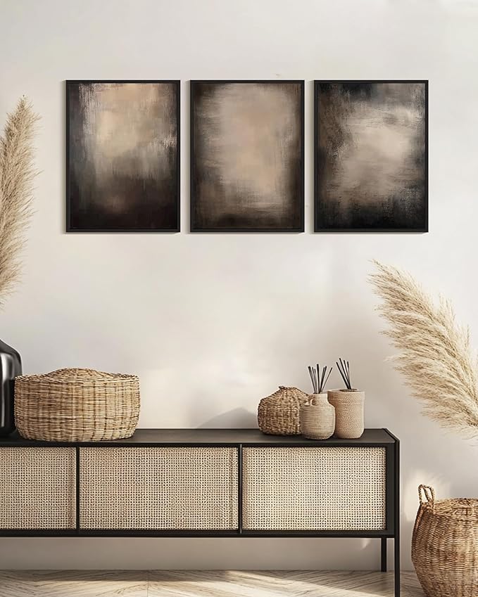 KUVIOKE Abstract Framed Wall Art Set Earthy in Deep Brown and Beige Tones Modern Art Decorative Home Decor 12x16in (Black Framed)