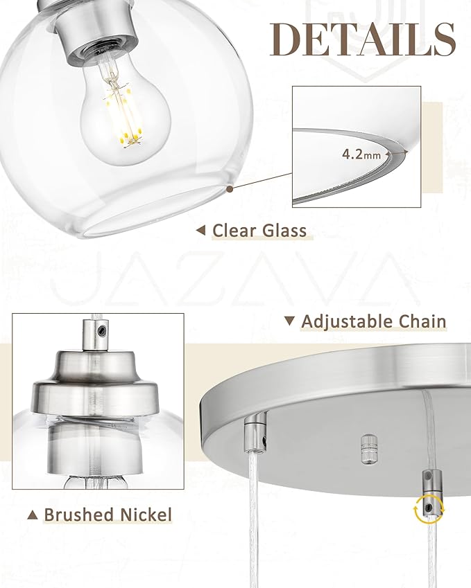 Globe Cluster Pendant Light, 3-Light Hanging Light Fixture with Brushed Nickel Finish, Clear Glass Kitchen Island Lighting for Dining Room Living Room Laundry Entrance Foyer, ZCPL101BN-3C