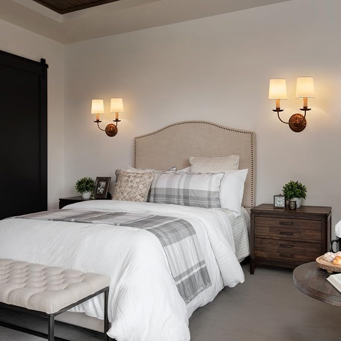 2-Lights Fabric Wall Sconces Antique Brushed Brass Wall Lights with Melted Candle Classic Mid Century Wall Lamp for Hallway Vanity Bedside Doorway, UL Listed