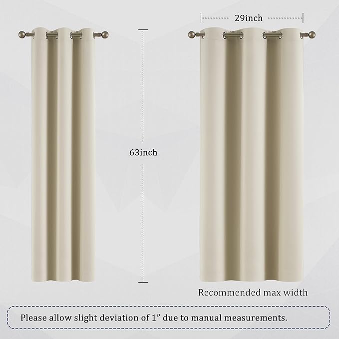 DUALIFE Cream Beige Curtains 34 Inch Wide for Kitchen Door 2 Panels Set, Skinny Drapes Grommet Curtains for Small Windows Laundry Room 34x63 Inches Long