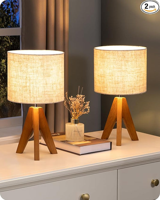EDISHINE Small Table Lamp, Wooden Tripod Bedside Lamp with Linen Fabric Lampshade, 14.2" Nightstand Lamp for Bedroom, Living Room, Office, 2 Pack