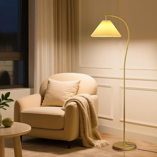 Unique Arc Floor Lamp, Bright 12W Three-Color Dimming, 14-inch Pleated Lampshade, Brass Gold Light Pole, Living Room Corner Bedroom Bedside Office Standing Reading Lamp, Modern Home Decor Tall Light