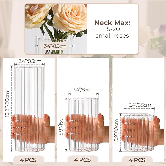 ComSaf Glass Cylinder Vases Pack of 12, Clear Ribbed Bud Vases for Centerpieces Weeding Decoration, 4 inch 6 Inch 10 Inch Tall Clear Flower Vases in Bulk, Hurricane Candle Holder for Party Home Decor