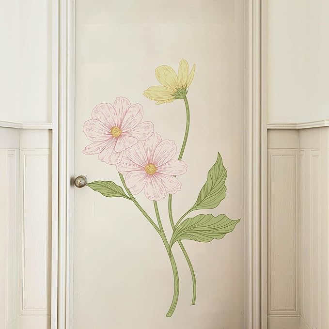 Large Flower Wall Decals 61" H x 31.1" W Peel and Stick Yellow Pink Daisy Wall Sticker Boho Floral Decal for Door Decorative Vinyl Wall Art Mural for Bedroom Living Room Classroom Office