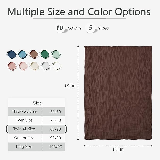 Carriediosa 100% Cotton Muslin Throw Blanket 66" X 90" Twin XL Size，4-Layers Summer Gauze Throws for Bed Couch，Soft Lightweight Breathable Linen Blankets Bedspread for Adults All Season，Dark Brown