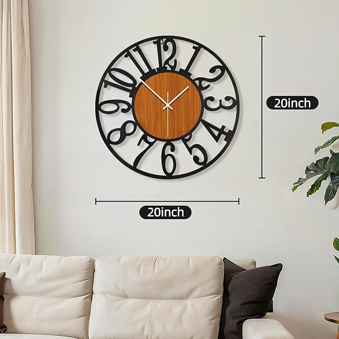 Maxstar Round Wall Clock for Living Room Decor Battery Operated Non Ticking Black Metal Wood Clocks for Home Living Room Garden Office Kitchen Decoration -20 inch