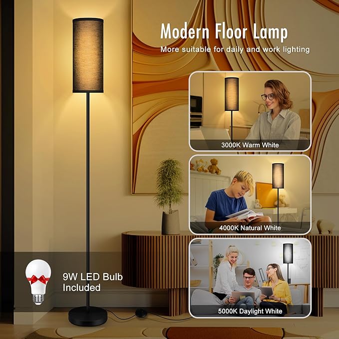 BoostArea Floor Lamps for Living Room, Dimmable floor lamp with 3 Color Temperatures Bulb, Black LED Floor Lamp, Modern Standing Lamp for Bedroom/Office/Study/Farmhouse(9W LED Bulb, Black Linen Shade)