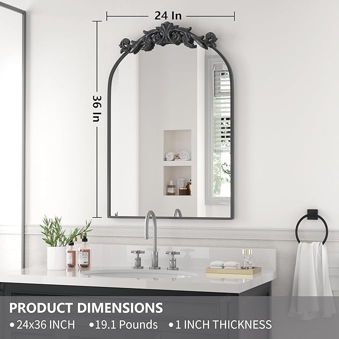 PAIHOME Arched Mirror, 24x36 Inch Antique Black Wall Decor Mirror with Metal Frame, Wall Mounted or Leaning