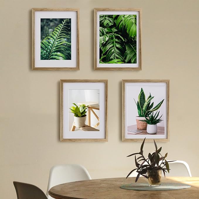 Egofine 12x16 Picture Frame with Plexiglass Made of Solid Wood, Display Pictures 9x12/11x14 with Mat or 12x16 Without Mat Set of 4 for Wall Mounting, Carbonized Brown