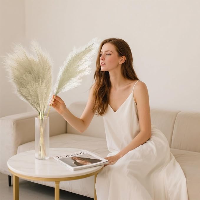 8 Pcs Light Coffee Tall Faux Pampas Grass Decor, 45 Inches Artificial Pampas Grass Bulk, Large Faux Pompas Dried Decor for Floor Vase Filler, Home Boho, Wedding Anniversaries, Baby Shower Decoration