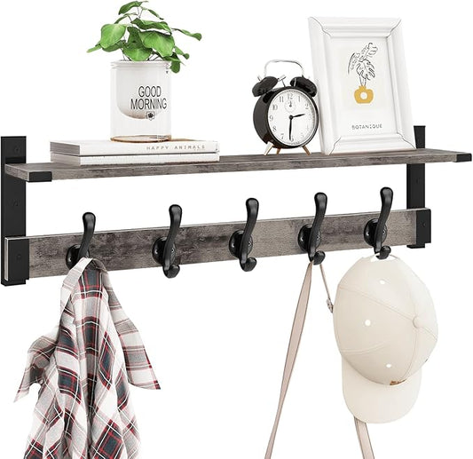 Homode Coat Rack Wall Mount with Shelf, 29 Inch Wood Wall Shelf with Hooks, Entryway Coat Hanger Wall Mount with 5 Hangers for Bathroom, Bedroom, Living Room, Grey