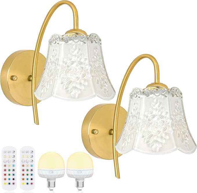 Vintage Battery Wall Sconce with Flower lampshade,Rechargeable Battery Powered Wall Lights,Wall lamp with 15 Colors for Bedroom Living Room Home Decor (Milky White Rose, 2 Light Battery Operated)