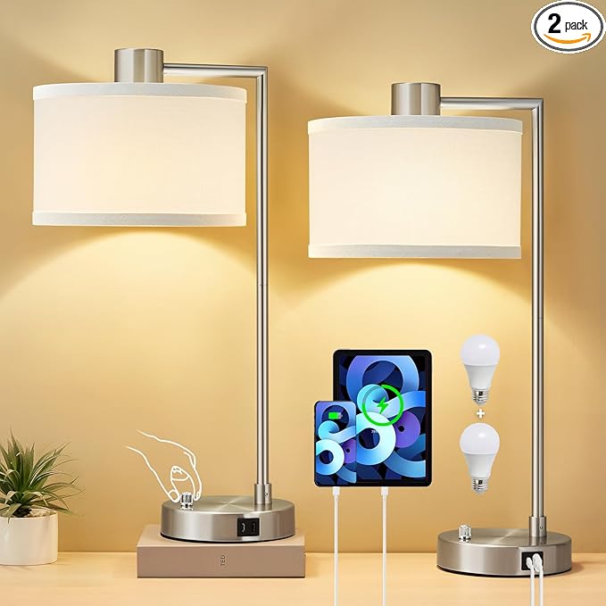 Luvkczc Table Lamps for Living Room with USB C+A Ports - Fully Stepless Dimmable Bedsides Lamp with Linen Lampshade, Lamps for Night Stands Bedroom Reading Office, 2 LED Bulbs Included (Silver)