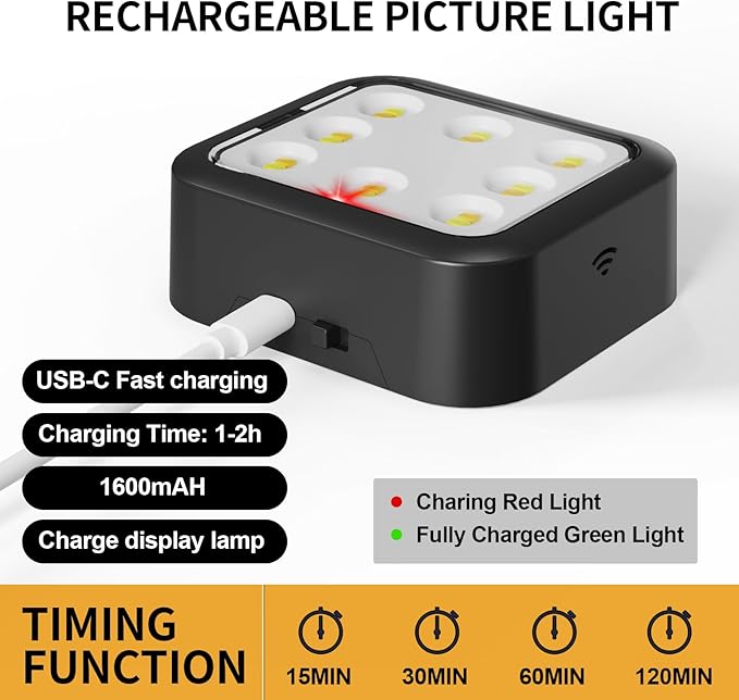 3 Pack Picture Lights for Wall, Rechargeable Battery Operated Wall Lights, Picture Frame Lights with 3 Lighting Modes, Wireless Magnetic Painting Light with Remote Control Timer (Black, 3 Pack)