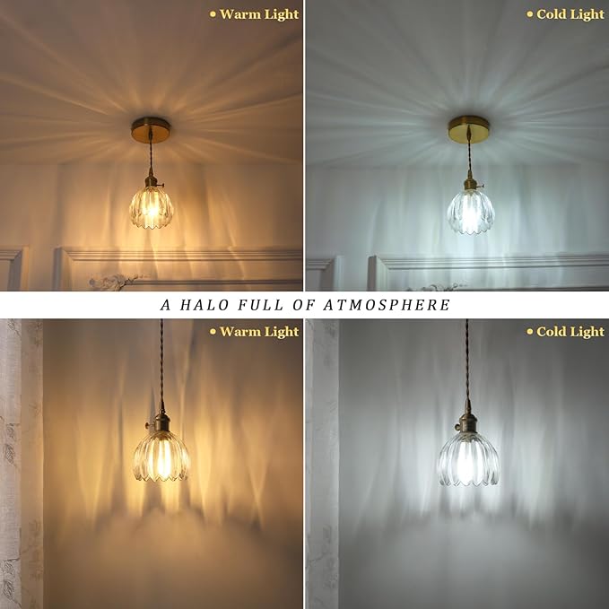 Mini Pendant Light 2 Pack with Clear Tulip Glass Lmapshade, Brass Vintage Pendant Light Adjustable Hanging Light for Kitchen Island Dining Room Hallway
