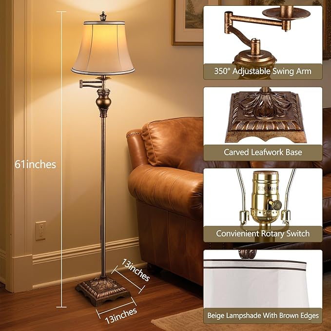 PARTPHONER Vintage Floor Lamps for Living Room,Traditional 350° Adjustable Swing Arm Farmhouse Floor Lamp for Bedroom, Rustic Standing Lamp Pole Lamps for Reading, Home Décor and Office,Bronze Gold