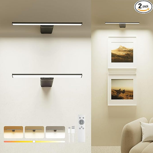Rechargeable 12000mAh Picture Lights for Wall with Remote, 3 Color Temps, Dimmable, Timer, for Gallery Poster Frame Painting Photo Art Display (Black, 2 Pack)
