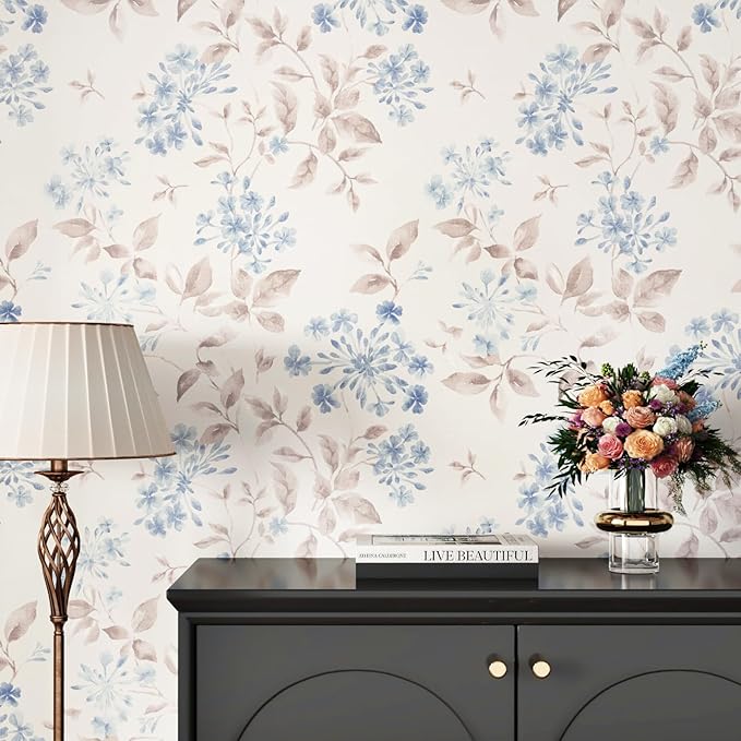 WESTICK Blue Leaf Wallpaper Vintage Peel and Stick Floral Contact Paper for Walls Neutral Floral Wallpaper Self Adhesive Removable Beige Leaf Wall Paper for Bedroom Living Room Cabinets 17.5"x100"