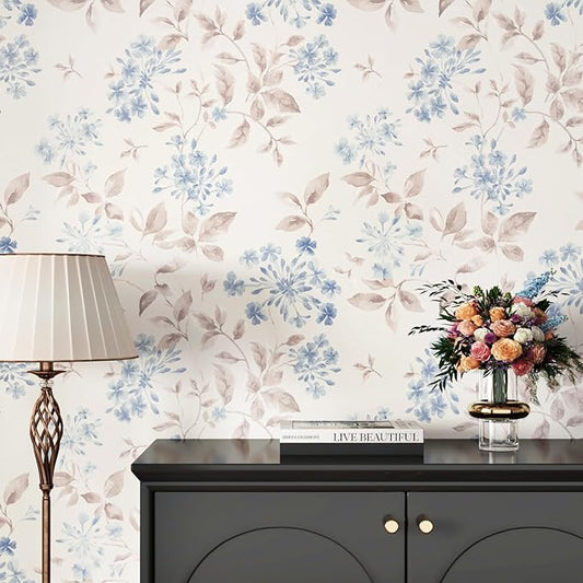 WESTICK Blue Leaf Wallpaper Vintage Peel and Stick Floral Contact Paper for Walls Neutral Floral Wallpaper Self Adhesive Removable Beige Leaf Wall Paper for Bedroom Living Room Cabinets 17.5"x100"