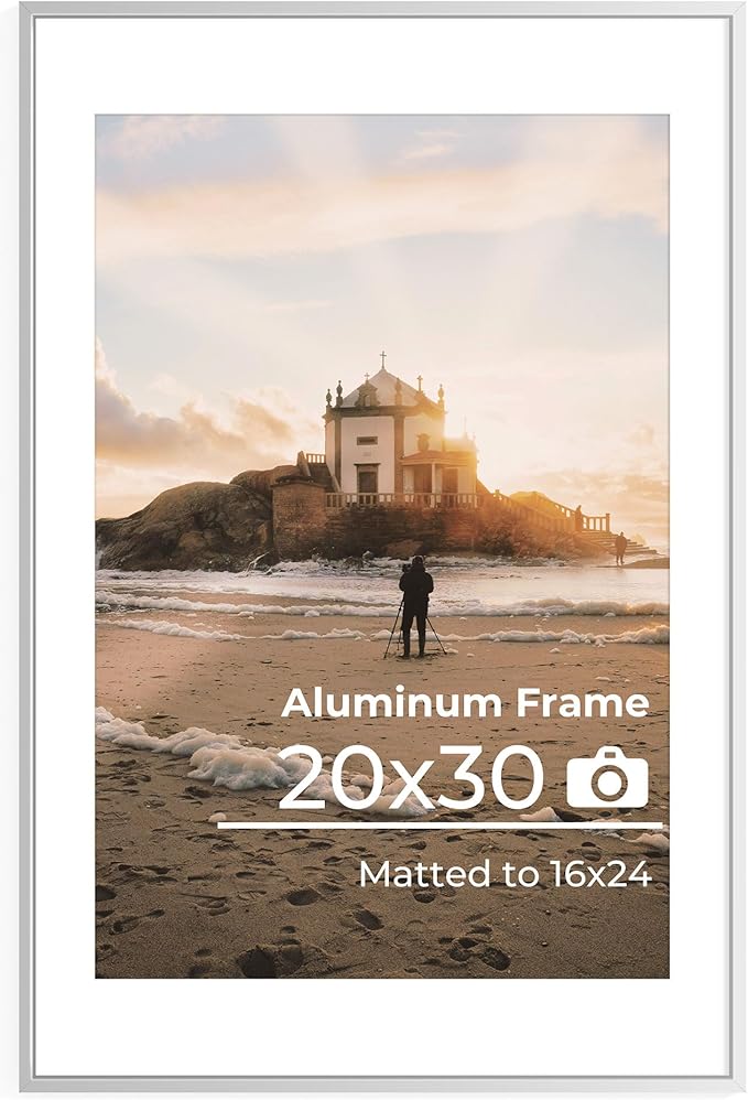 20x30 Aluminum Picture Frame, 20x30 Silver Metal Frame with Mat for 16x24 Photo, Wall Mounting or Tabletop Display, Poster Frame Sawtooth Picture Hangers Included for Home Wall Decor, Set of 1