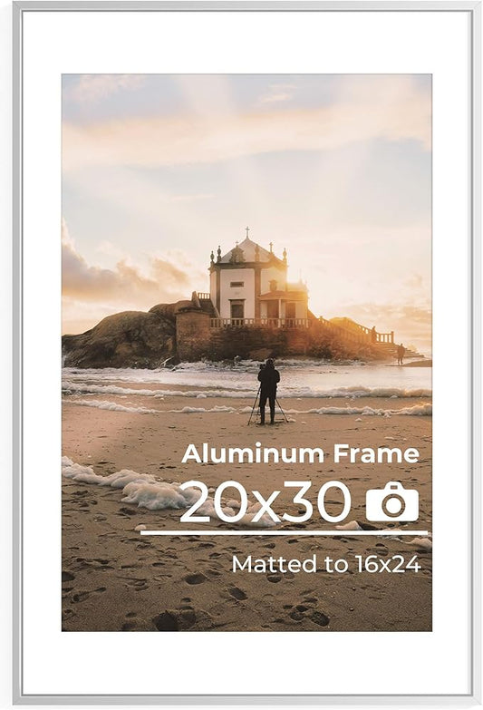 20x30 Aluminum Picture Frame, 20x30 Silver Metal Frame with Mat for 16x24 Photo, Wall Mounting or Tabletop Display, Poster Frame Sawtooth Picture Hangers Included for Home Wall Decor, Set of 1