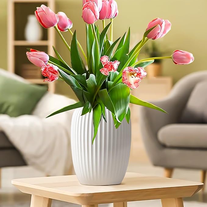 White Ceramic Vase for Modern Home Decor, Minimalistic Nordic Boho Matte Vase for Decorating Farmhouse Central Location, Perfect for Wedding Table Living Room Office Bedroom Kitchen Gift