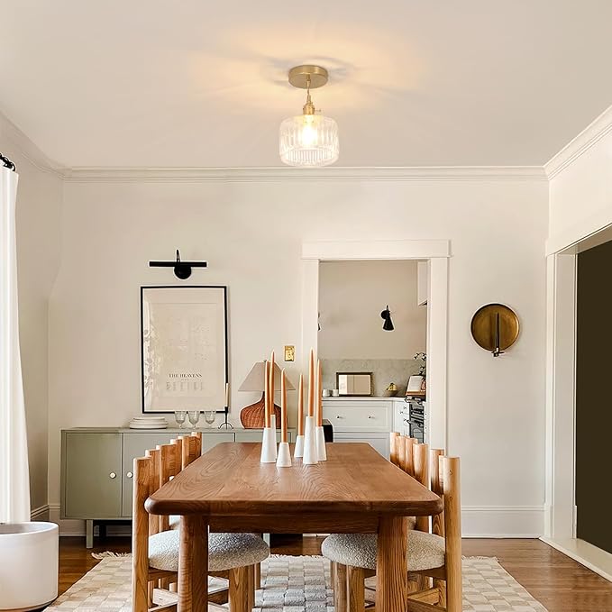 Pendant Light with Clear Striped Glass Lmapshade, Brass Vintage Pendant Light Adjustable Hanging Light for Kitchen Island Dining Room Hallway