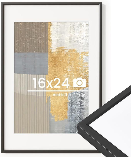 16x24 inch Metal Poster Frame - 16 x 24 Thin Aluminum Picture Frames Matted for 12x18 Photos, Artworks, Prints, Puzzle - High Definition Plexiglass - Vertical and Horizontal Display - Wall Hook Hanging Hardware Included - Black, Set of 1