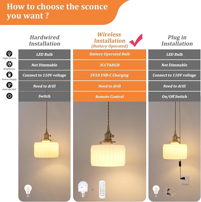 Battery Operated Pendant Light 5000mAh Rechargeable Chandelier with Remote Control Wireless Adjustable Hanging White Striped Light for Kitchen Island Dining Room Hallway