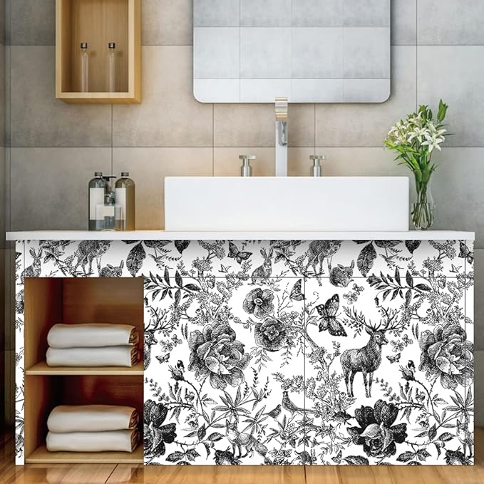 Black and White Vinyl Wallpaper, Removable Floral Wallpaper, 118.1''X17.71'', 14.5 sq.ft, Furniture Wall Shelf Drawer Liner