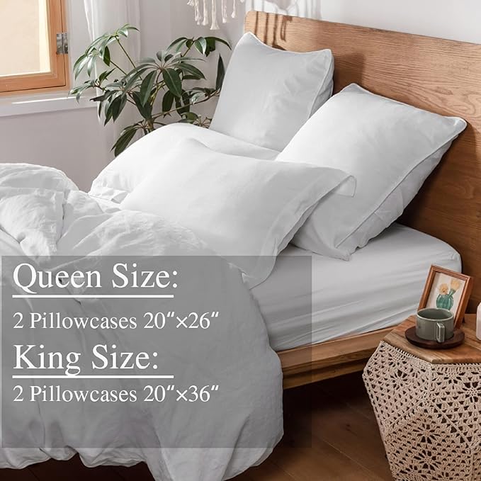 Simple&Opulence 100% Linen Pillow Case Queen Size Set of 2, White Pillow Covers with Overlap Closure, Luxury Breathable Pillowcases Protectors Suitable for All-Season (20" X 26", White)