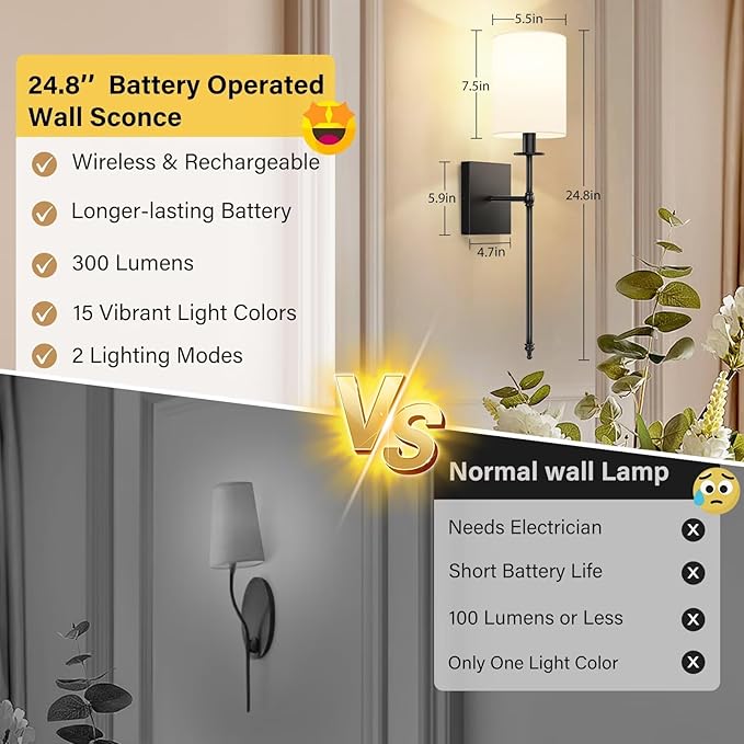 24.8 Inch Black Battery Operated Wall Sconces Set of 2, Rechargeable Wireless Wall Lights with Remote & White Fabric Shade, Indoor Not Hardwired Dimmable Wall Lamps for Bedroom, 2 Bulbs Included