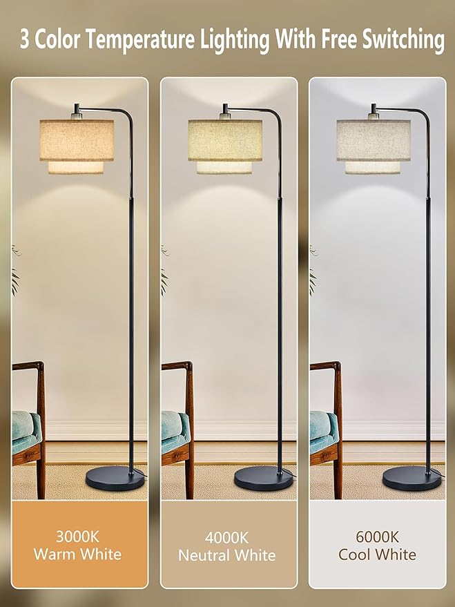 Modern Floor Lamp for Living Room Bedroom, Arc Floor Lamp with 3 Color Temperatures, Standing Lamp with Double Oatmeal Linen Lampshade, Tall Lamp with A19 12W LED Bulb, Foot Switch Control, Black