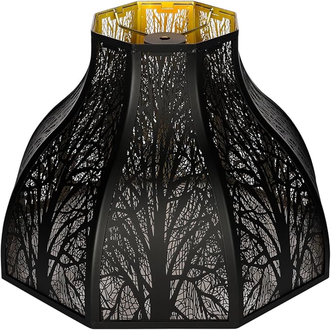 Etched Forest Large Metal Lampshade 5.32 X 13 X 9.5 Inch 8-petal Lotus Shape Fits for Floor Lamp Table Lamp for Living Room Bedroom(Outer Black Inner Gold)