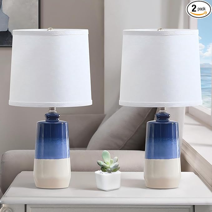 20.5" Ceramic Blue Lamps for Nightstand Set of 2, Blue Table Lamps for Living Room Set of 2, Coastal Table Lamps for Bedroom with White Barrel Lampshade, Blue White Ceramic Lamps for Small Space