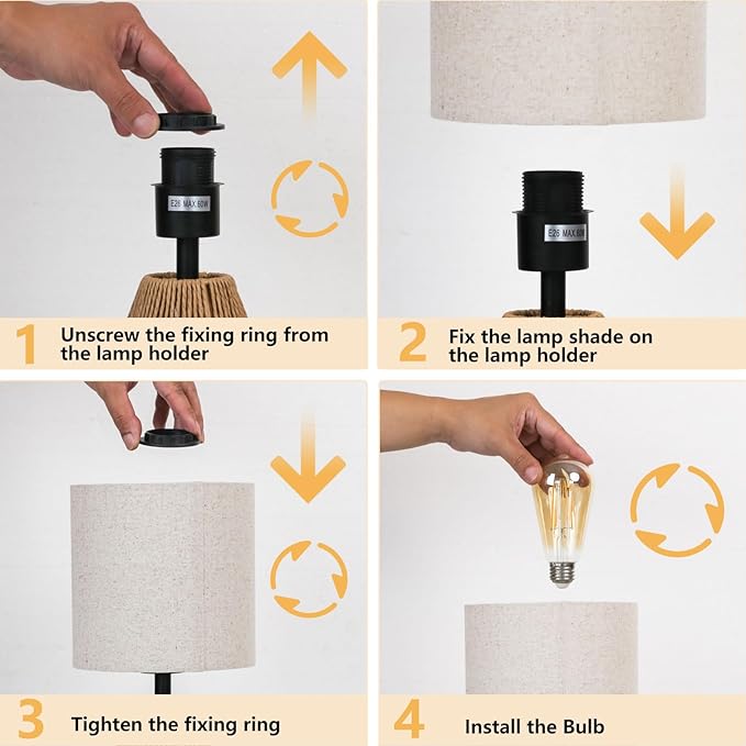 KUNJOULAM Rattan Table Lamp, Small Nightstand Lamp with Linen Fabric Lampshade, Desk Lamp for Living Room Home Office