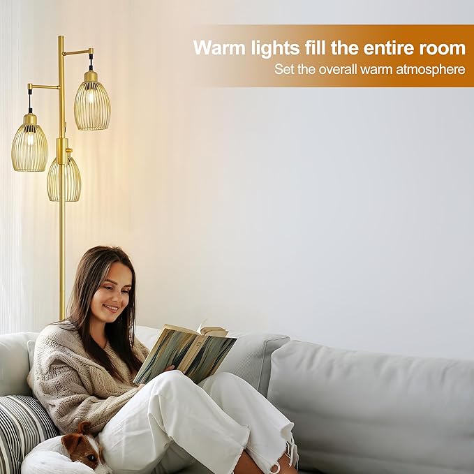 Industrial Floor Lamp 68'' - 3-Light Gold Dimmable Rustic Floor Lamp with Sturdy Pole & Heavy Base, 800 Lumens LED Bulbs Lamp for Living Room, Bedroom, Office Decor