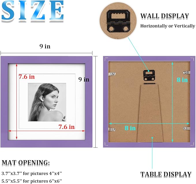 Egofine 8x8 Picture Frame 4PCS, Made of Solid Wood Covered by Plexiglass Display 4x4/6x6 with Mat or 8x8 without Mat, for Table Top Display and Wall Mounting Photo Frame, Purple