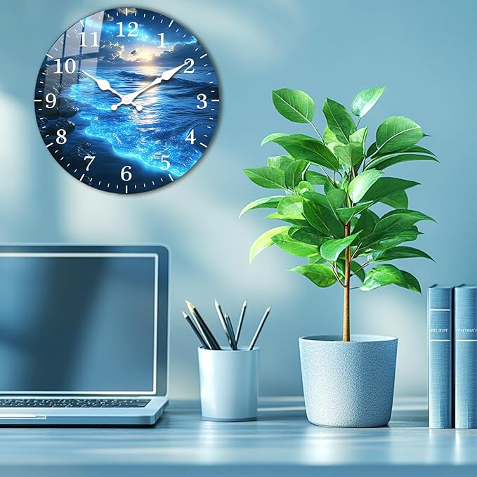 Blue Tears Wooden Wall Clock Battery Operated 10 Inch Coastal Beach Silent Wall-Clock Non Ticking Analog Blue Wall Clocks for Bedroom, Office Decor