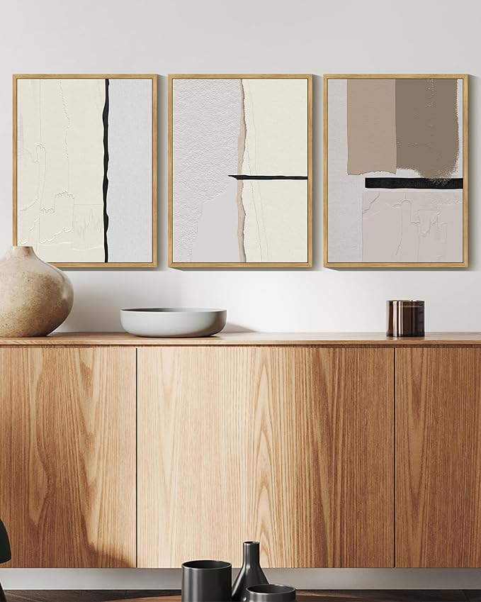 KUVIOKE Neutral Abstract Framed Wall Art Beige Mid Century Textured Wall Decor Minimalist Modern Illustrations Art Print Home Decor 12x16in (Natural Framed)