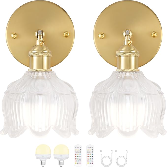 Vintage Battery Operated Wall Sconce with Flower lampshade,Rechargeable Battery Powered Wall Lights,Wall lamp With 15 Colors for Bedroom Living Room Home Decor (Flower White, 2 Light Battery Operated)
