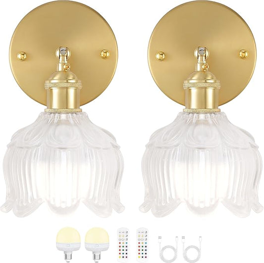 Vintage Battery Operated Wall Sconce with Flower lampshade,Rechargeable Battery Powered Wall Lights,Wall lamp With 15 Colors for Bedroom Living Room Home Decor (Flower White, 2 Light Battery Operated)