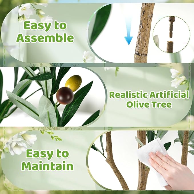 kockuu Olive Trees Artificial Indoor with LED Light, 6FT Tall Faux Olive Tree Plant with Basket and Natural Wood Branches & Fruits, Fake Tree Planter for Living Room Home Office Decor