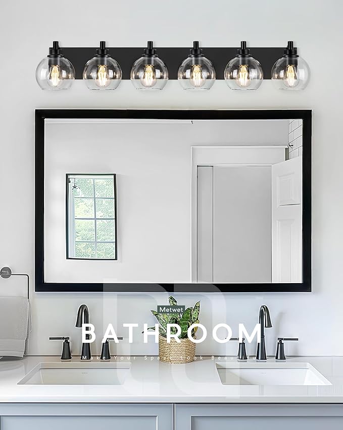Bathroom Light Fixtures, 6 Light Matte Black Vanity Light, 38 Inch Modern Wall Sconces with Globe Clear Glass Shade, Vanity Lighting Fixtures Over Mirror, VL195-MB-6