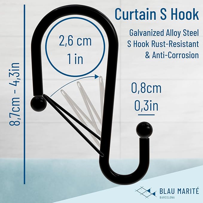 Set of 12 Black Metal S Hook Shower Hooks 1” – Closed, Heavy Duty, Long Decorative Shower Curtain Hooks, Easy Glide, Buckle, Large Rust Resistant Rings for Bathroom Rods (Black, S)
